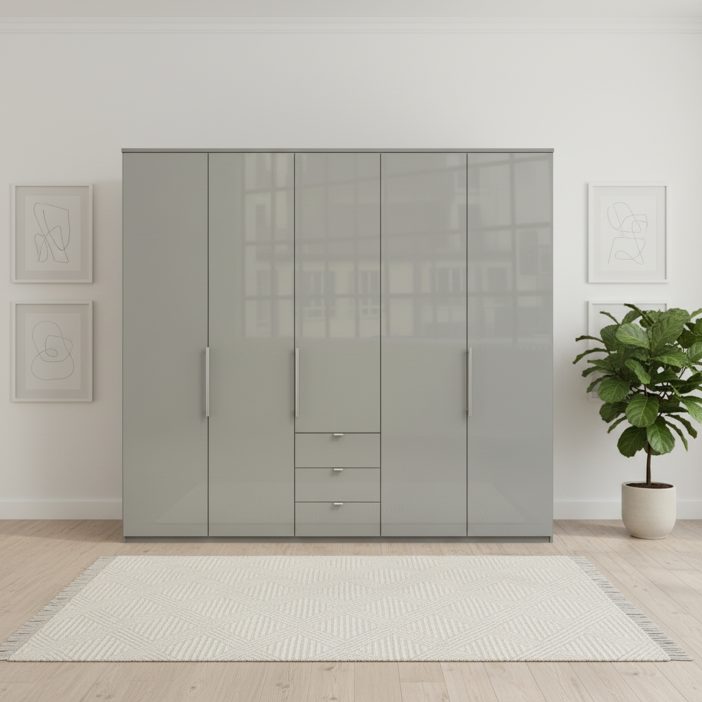 Wiemann Loft 4 Doors & 3 Drawers With Bi-Fold Doors Wardrobe in Glass Pebble Grey Front view