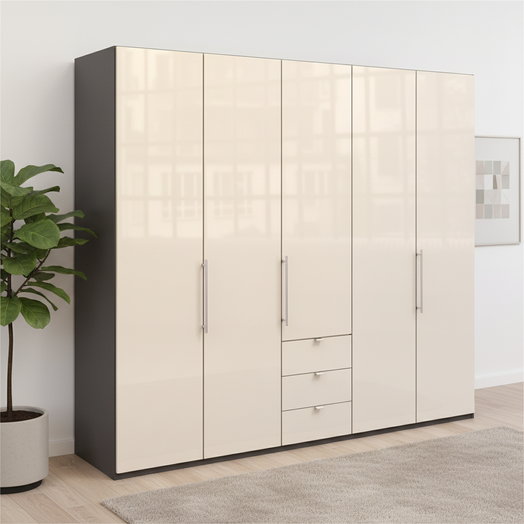 Wiemann Loft 5 Doors & 3 Drawers With Bi-Fold Doors Wardrobe in Glass Mangolia with Havana Carcase