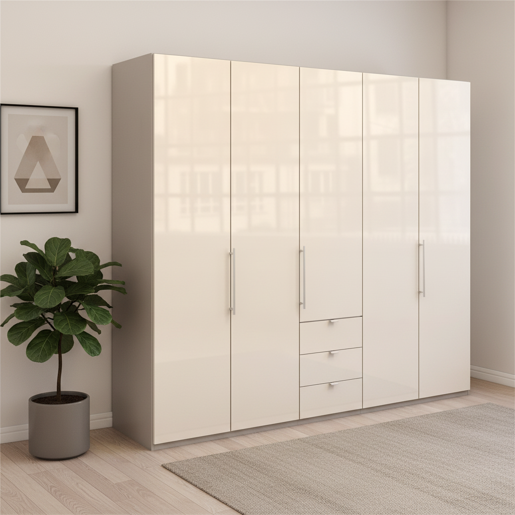 Wiemann Loft 5 Doors & 3 Drawers With Bi-Fold Doors Wardrobe in Glass Mangolia with Pebble Grey Carcase