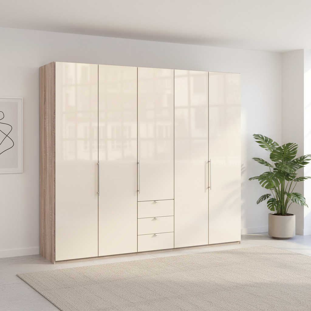 Wiemann Loft 5 Doors & 3 Drawers With Bi-Fold Doors Wardrobe in Glass Mangolia with Rustic Oak Carcase