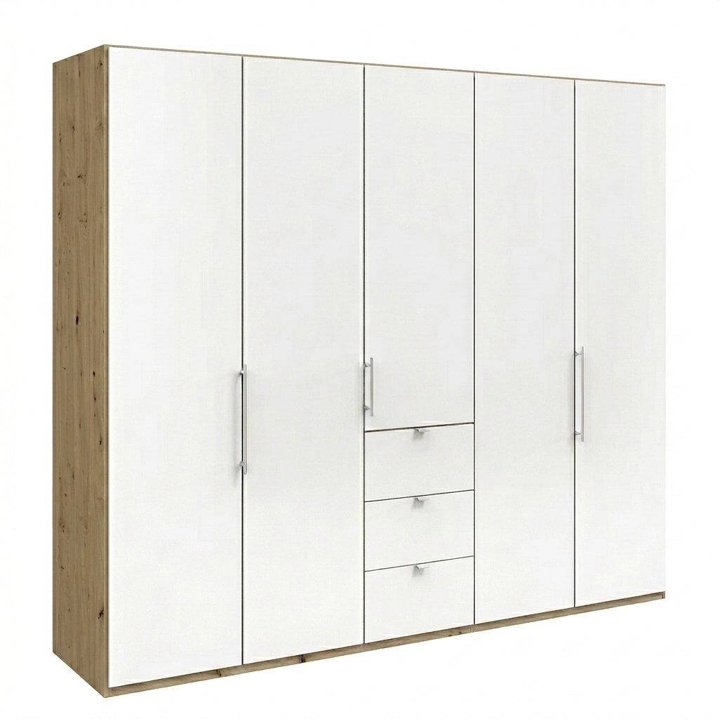 Wiemann Loft 5 Doors & 3 Drawers With Bi-Fold Doors Wardrobe in White with Bianco Oak Carcase styled in a Bedroom