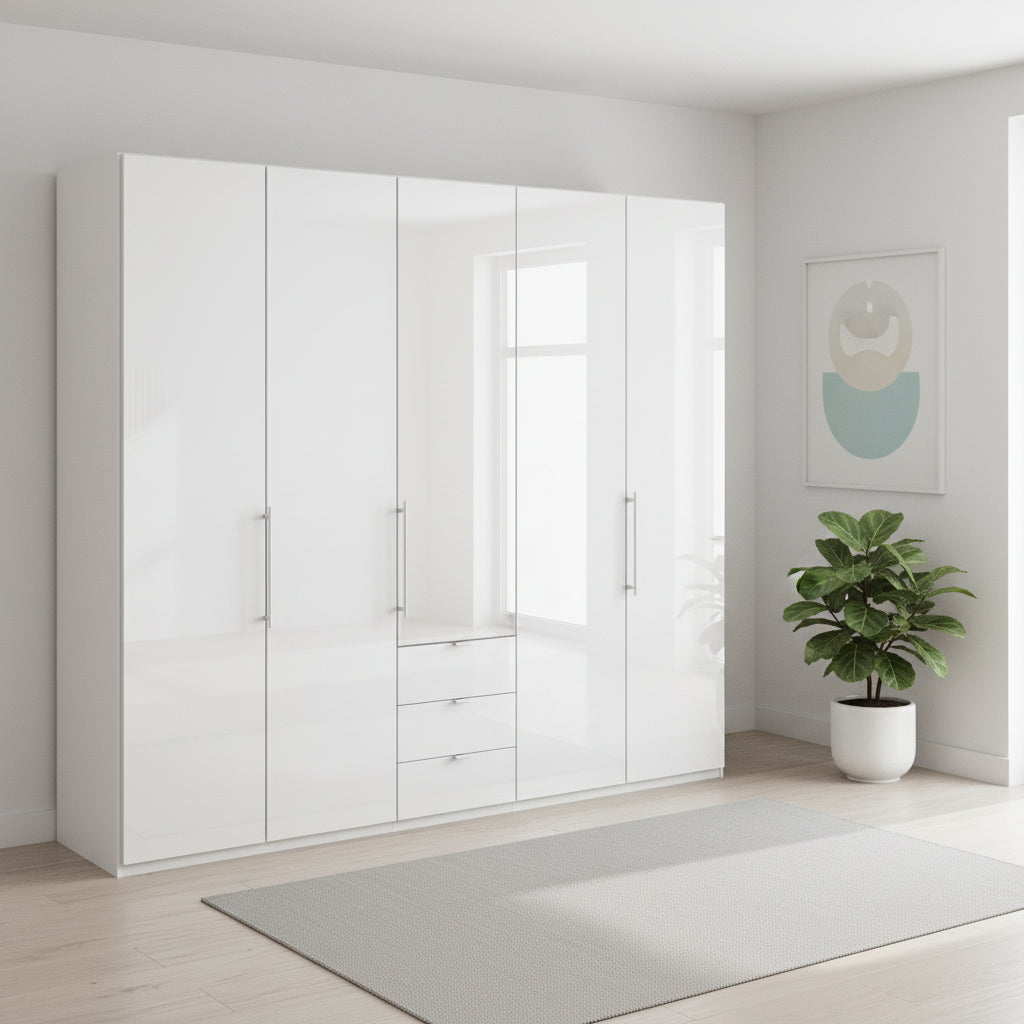 Wiemann Loft 5 Doors & 3 Drawers With Bi-Fold Doors Wardrobe in Glass White styled in a modern room