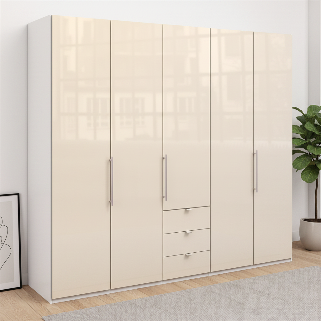 Wiemann Loft 5 Doors & 3 Drawers With Bi-Fold Doors Wardrobe in Glass Mangolia styled in a modern room