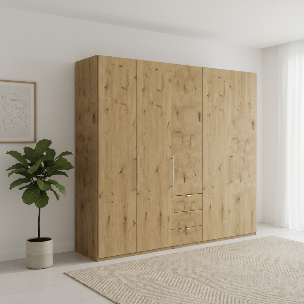 Wiemann Loft 5 Doors & 3 Drawers With Bi-Fold Doors Wardrobe in Bianco Oak styled in a modern room