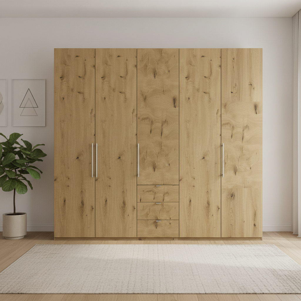 Wiemann Loft 5 Doors & 3 Drawers With Bi-Fold Doors Wardrobe in Bianco Oak Front view