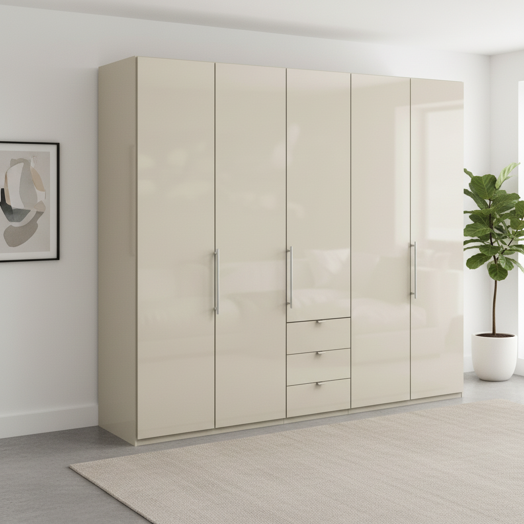 Wiemann Loft 5 Doors & 3 Drawers With Bi-Fold Doors Wardrobe in Glass Champagne styled in a modern room