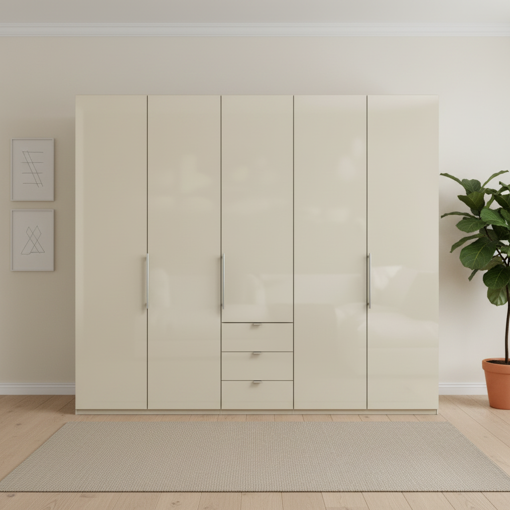 Wiemann Loft 5 Doors & 3 Drawers With Bi-Fold Doors Wardrobe in Glass Champagne Front view