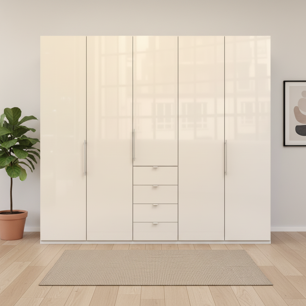 Wiemann Loft 5 Doors & 4 Drawers With Bi-Fold Doors Wardrobe in Glass Mangolia Front view