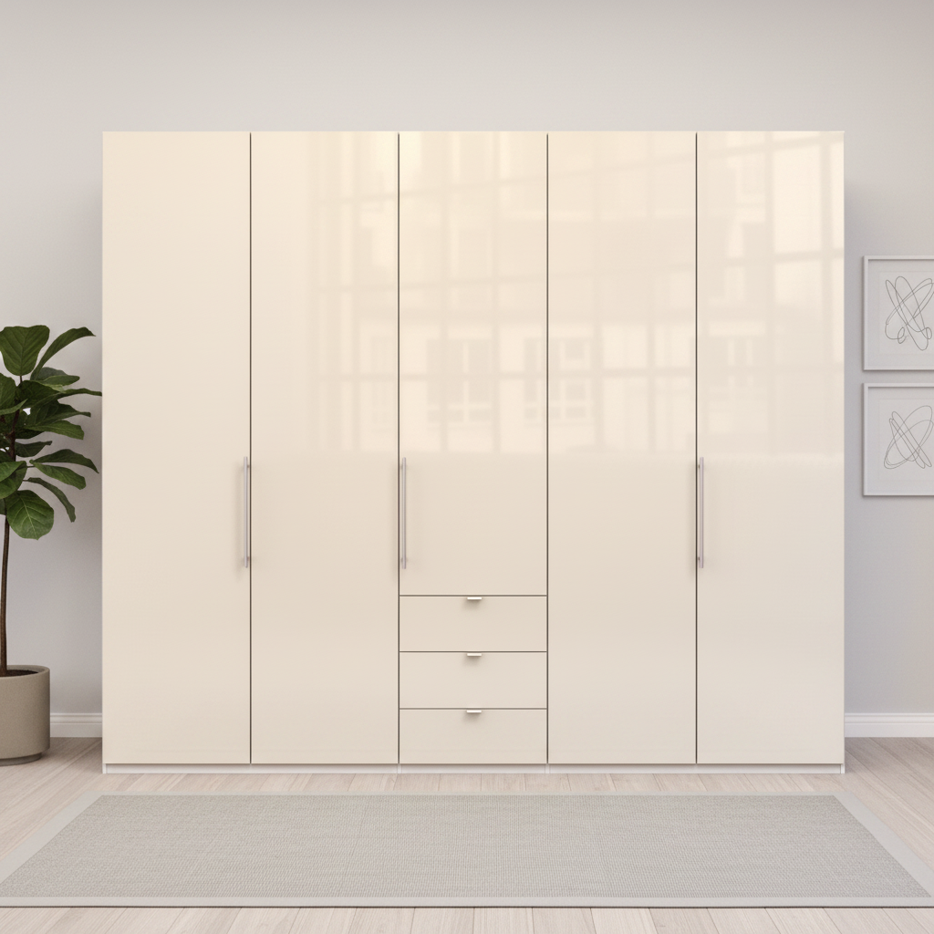 Wiemann Loft 5 Doors & 3 Drawers With Bi-Fold Doors Wardrobe in Glass Mangolia Front view