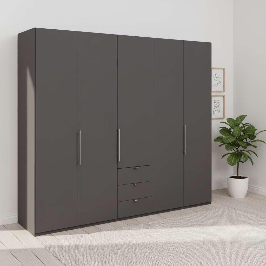 Wiemann Loft 5 Doors & 3 Drawers With Bi-Fold Doors Wardrobe in Havana styled in a modern room