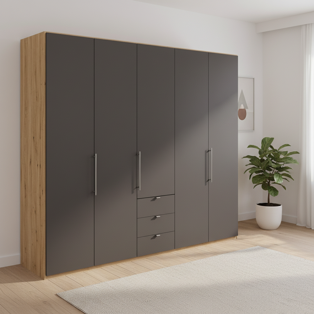 Wiemann Loft 5 Doors & 3 Drawers With Bi-Fold Doors Wardrobe in Havana with Bianco Oak Carcase