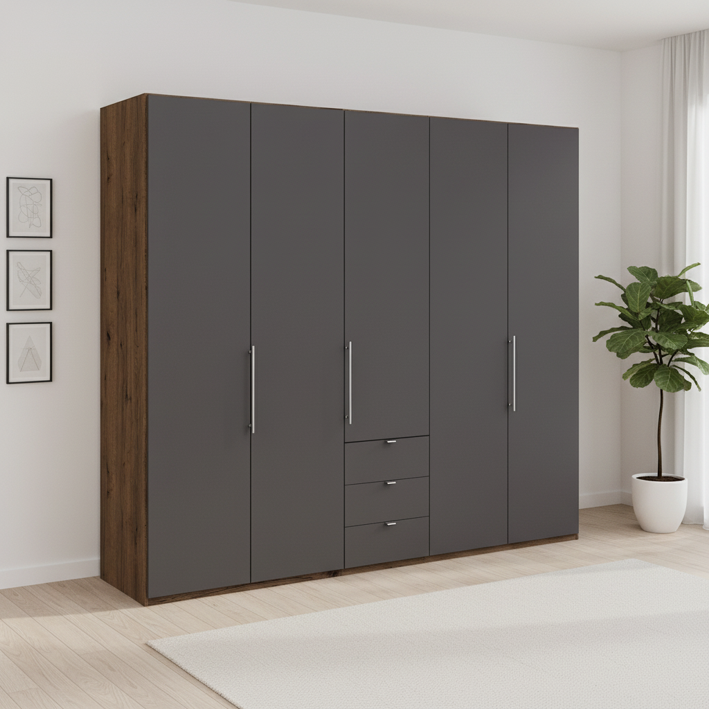 Wiemann Loft 5 Doors & 3 Drawers With Bi-Fold Doors Wardrobe in Havana with Dark Rustic Oak Carcase