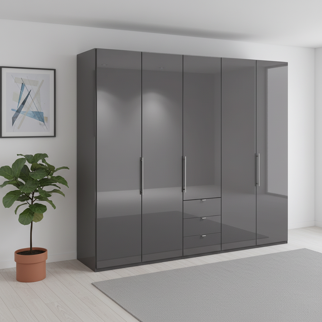 Wiemann Loft 5 Doors & 3 Drawers With Bi-Fold Doors Wardrobe in Havana Glass styled in a modern room