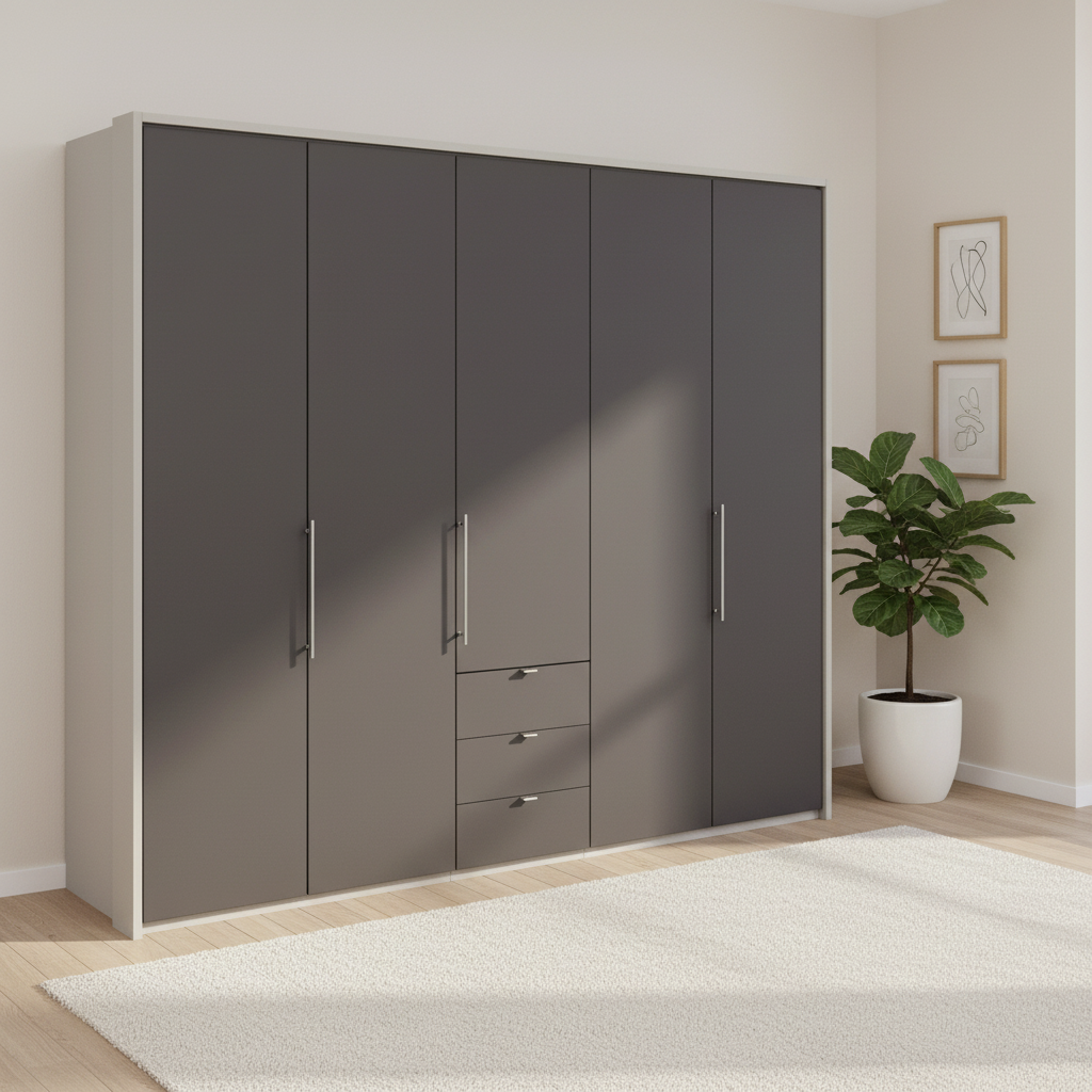 Wiemann Loft 5 Doors & 3 Drawers With Bi-Fold Doors Wardrobe in Havana with Pebble Grey Carcase