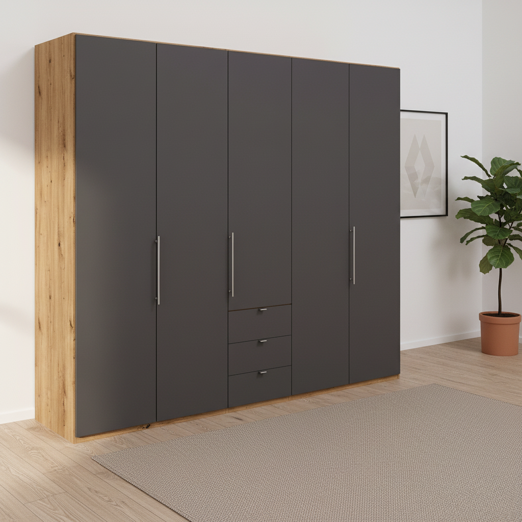 Wiemann Loft 5 Doors & 3 Drawers With Bi-Fold Doors Wardrobe in Havana with Rustic Oak Carcase