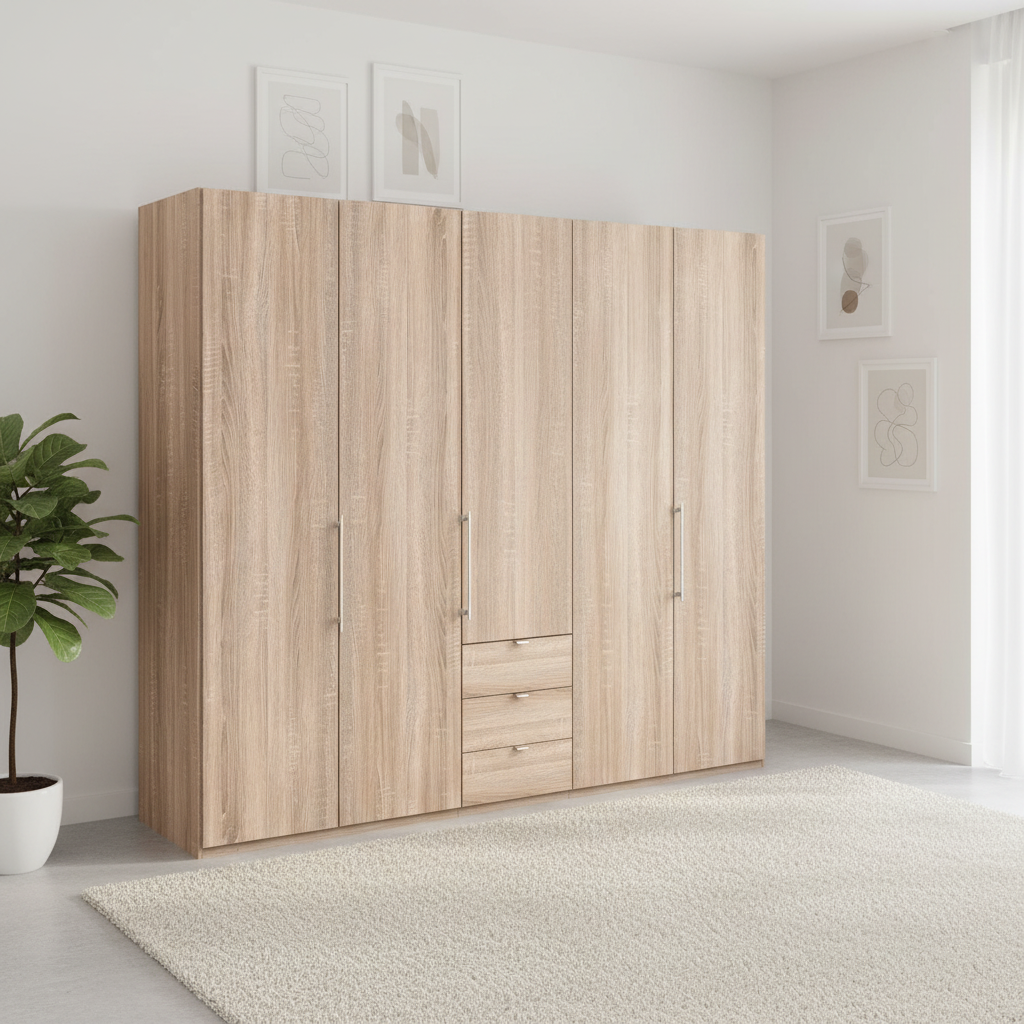 Wiemann Loft 5 Doors & 3 Drawers With Bi-Fold Doors Wardrobe in Rustic Oak styled in a modern room