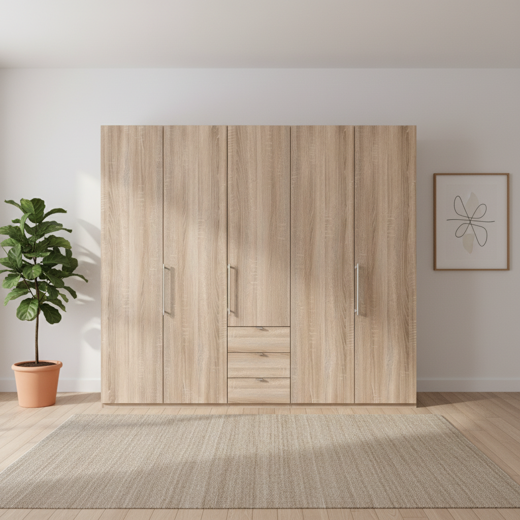 Wiemann Loft 5 Doors & 3 Drawers With Bi-Fold Doors Wardrobe in Rustic Oak Front view