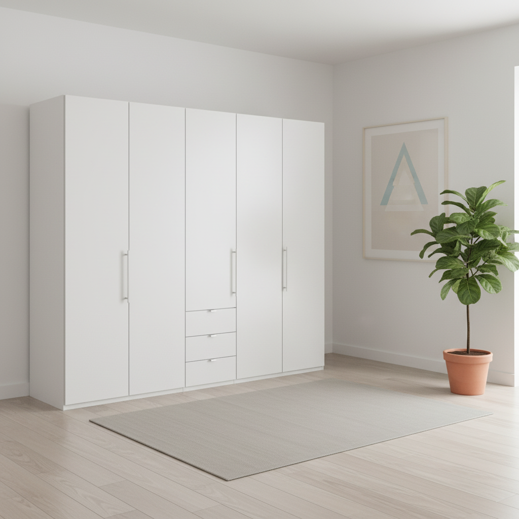 Wiemann Loft 5 Doors & 3 Drawers With Bi-Fold Doors Wardrobe in White styled in modern room