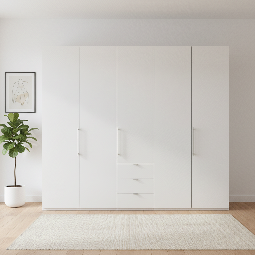 Wiemann Loft 5 Doors & 3 Drawers With Bi-Fold Doors Wardrobe in White front view