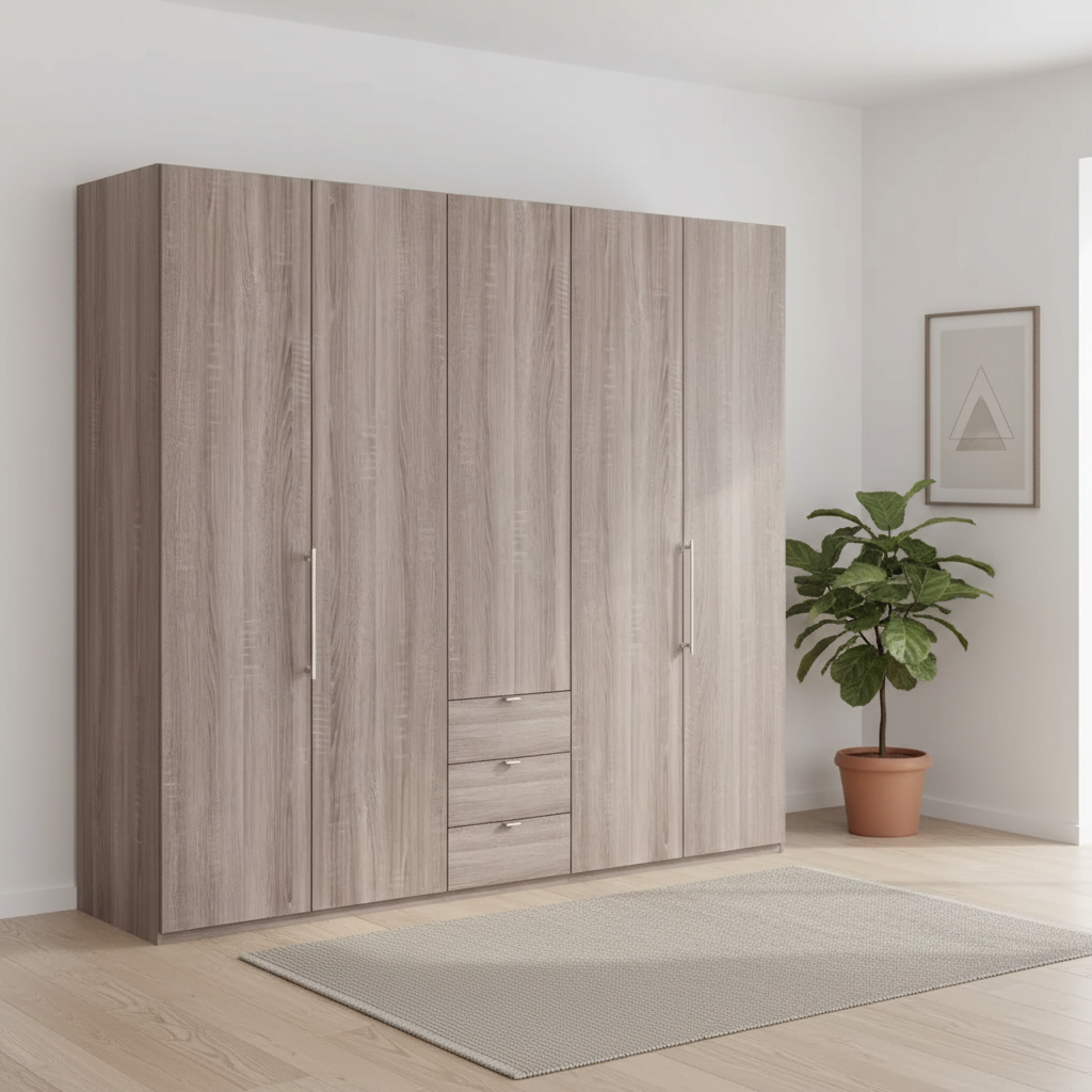 Wiemann Loft 5 Doors & 3 Drawers With Bi-Fold Doors Wardrobe in Dark Rustic Oak styled in a modern room