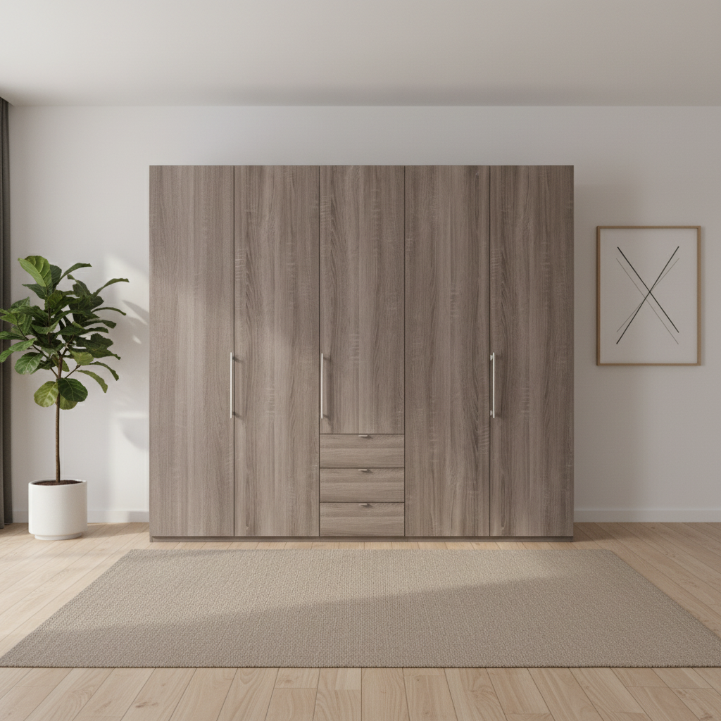 Wiemann Loft 5 Doors & 3 Drawers With Bi-Fold Doors Wardrobe in Dark Rustic Oak Front view