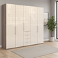 Wiemann Loft 5 Doors & 4 Drawers With Bi-Fold Doors Wardrobe in Glass Mangolia with Dark Rustic Oak Carcase
