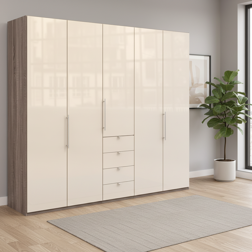 Wiemann Loft 5 Doors & 4 Drawers With Bi-Fold Doors Wardrobe in Glass Mangolia with Dark Rustic Oak Carcase