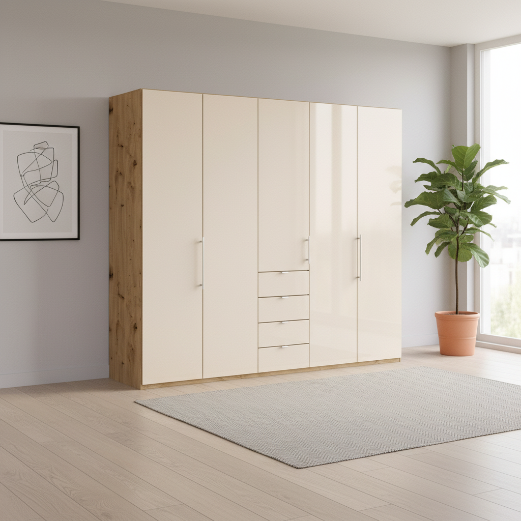 Wiemann Loft 5 Doors & 4 Drawers With Bi-Fold Doors Wardrobe in Glass Mangolia with Bianco Oak Carcase