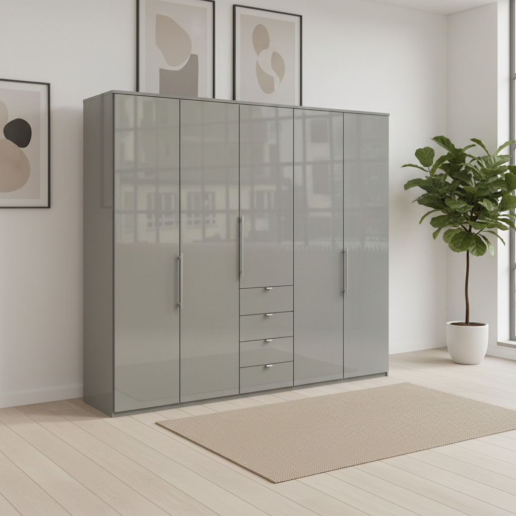 Wiemann Loft 5 Doors & 4 Drawers With Bi-Fold Doors Wardrobe in Glass Pebble Grey styled in a modern room