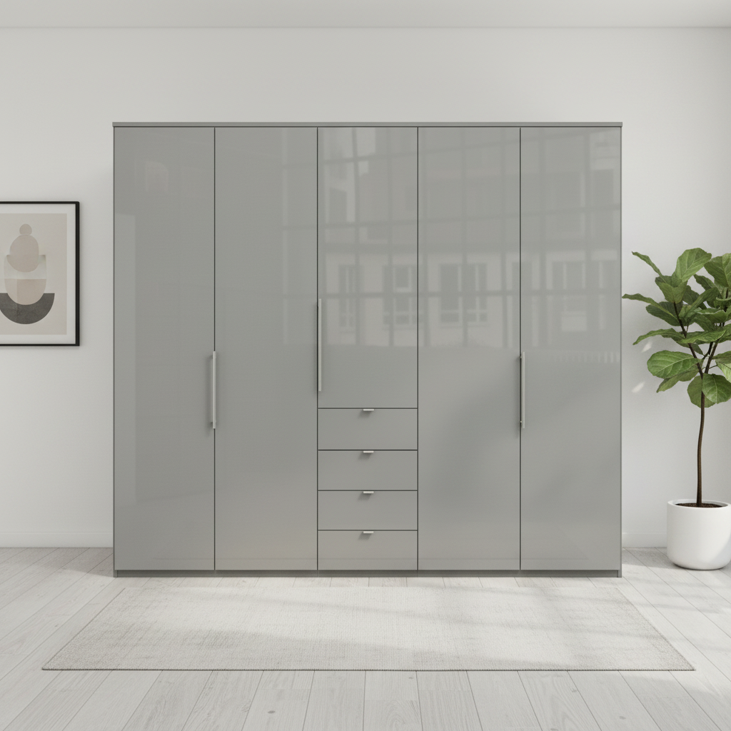 Wiemann Loft 5 Doors & 4 Drawers With Bi-Fold Doors Wardrobe in Glass Pebble Grey Front view