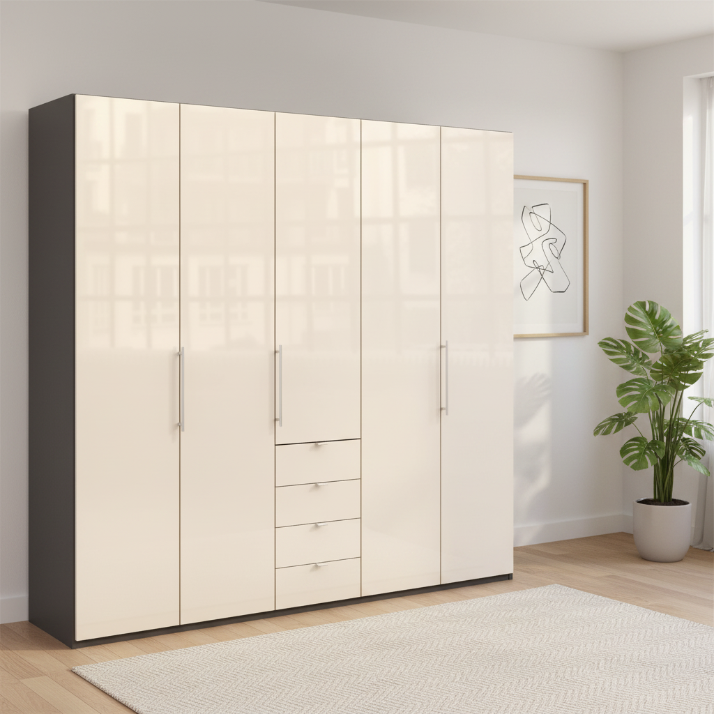 Wiemann Loft 5 Doors & 4 Drawers With Bi-Fold Doors Wardrobe in Glass Mangolia with Havana Carcase