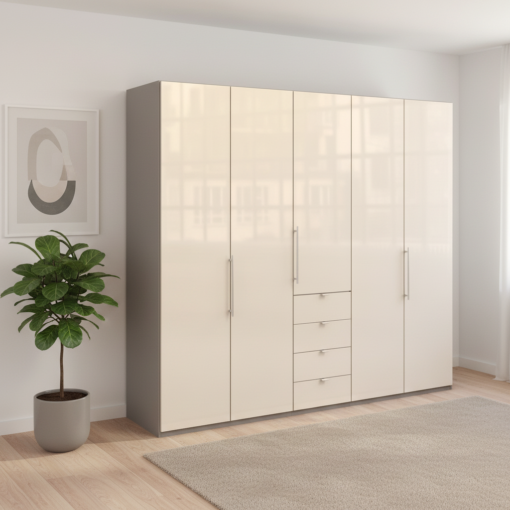 Wiemann Loft 5 Doors & 4 Drawers With Bi-Fold Doors Wardrobe in Glass Mangolia with Pebble Grey Carcase