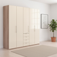 Wiemann Loft 5 Doors & 4 Drawers With Bi-Fold Doors Wardrobe in Glass Mangolia with Rustic Oak Carcase