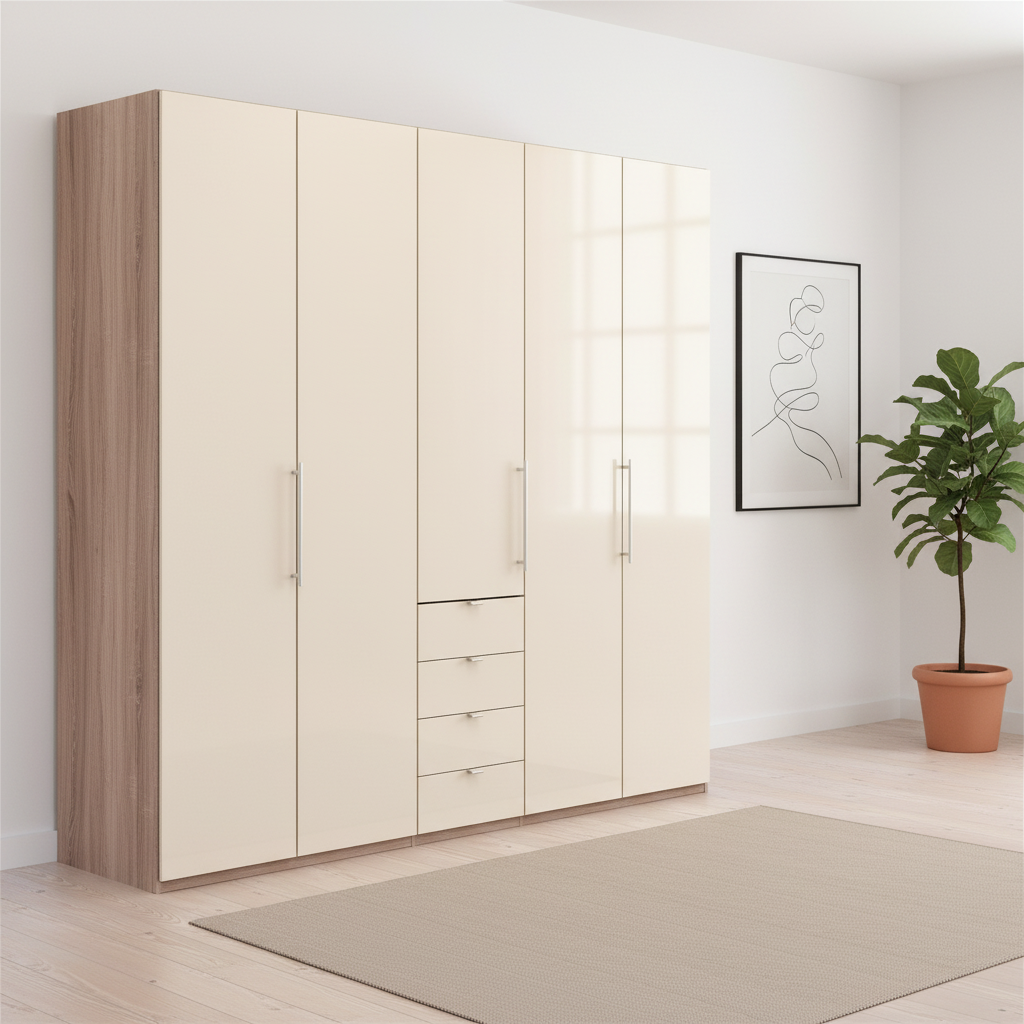 Wiemann Loft 5 Doors & 4 Drawers With Bi-Fold Doors Wardrobe in Glass Mangolia with Rustic Oak Carcase