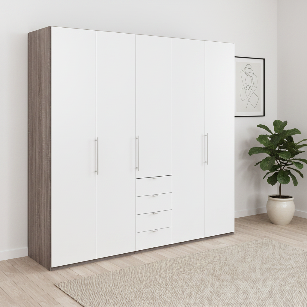 Wiemann Loft 5 Doors & 4 Drawers With Bi-Fold Doors Wardrobe in White with Rustic Oak Carcase styled in a Bedroom