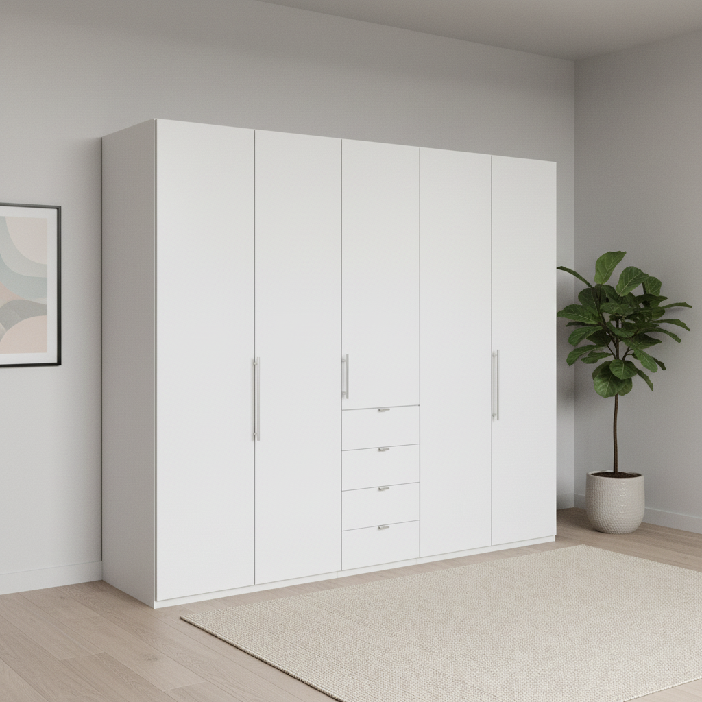 Wiemann Loft 5 Doors & 4 Drawers With Bi-Fold Doors Wardrobe in White styled in a modern room