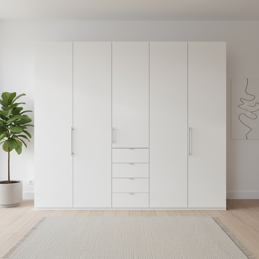 Wiemann Loft 5 Doors & 4 Drawers With Bi-Fold Doors Wardrobe in White front view