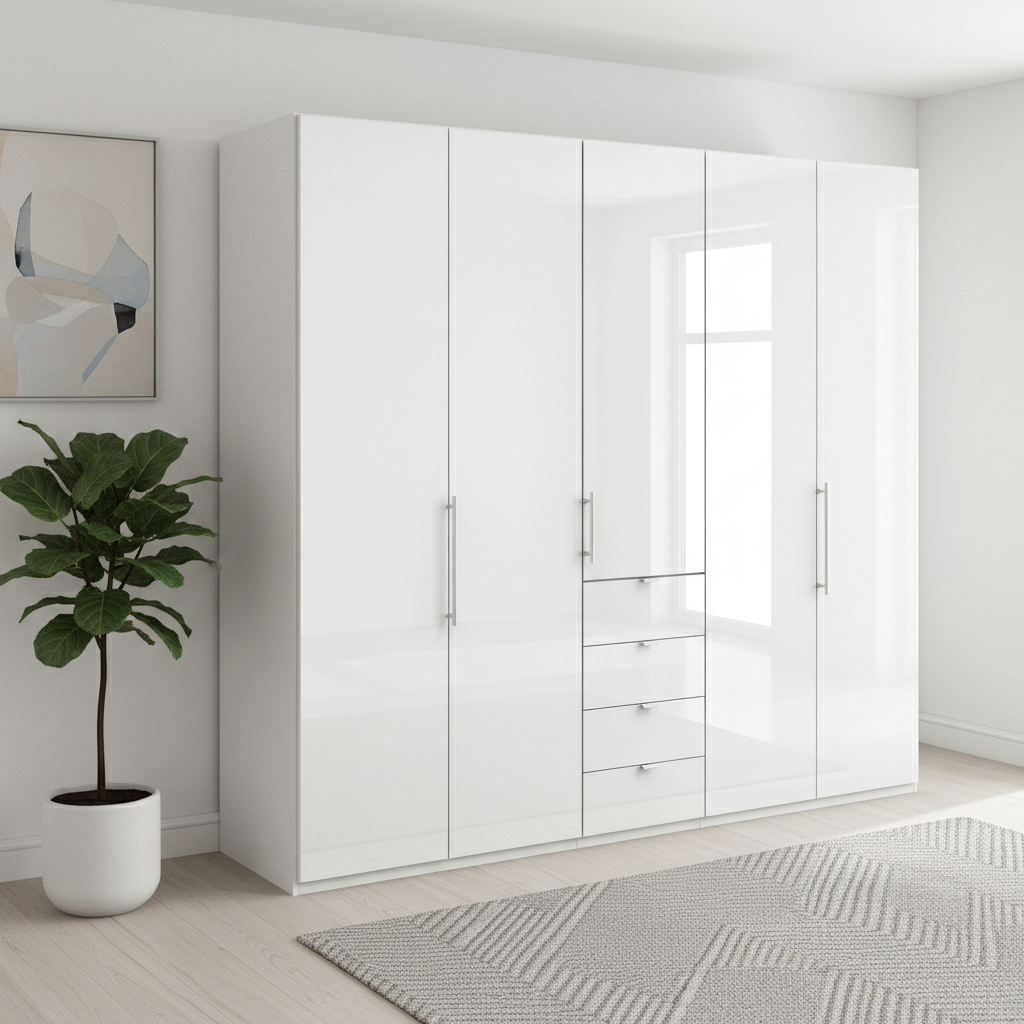 Wiemann Loft 5 Doors & 4 Drawers With Bi-Fold Doors Wardrobe in Glass White styled in a modern room