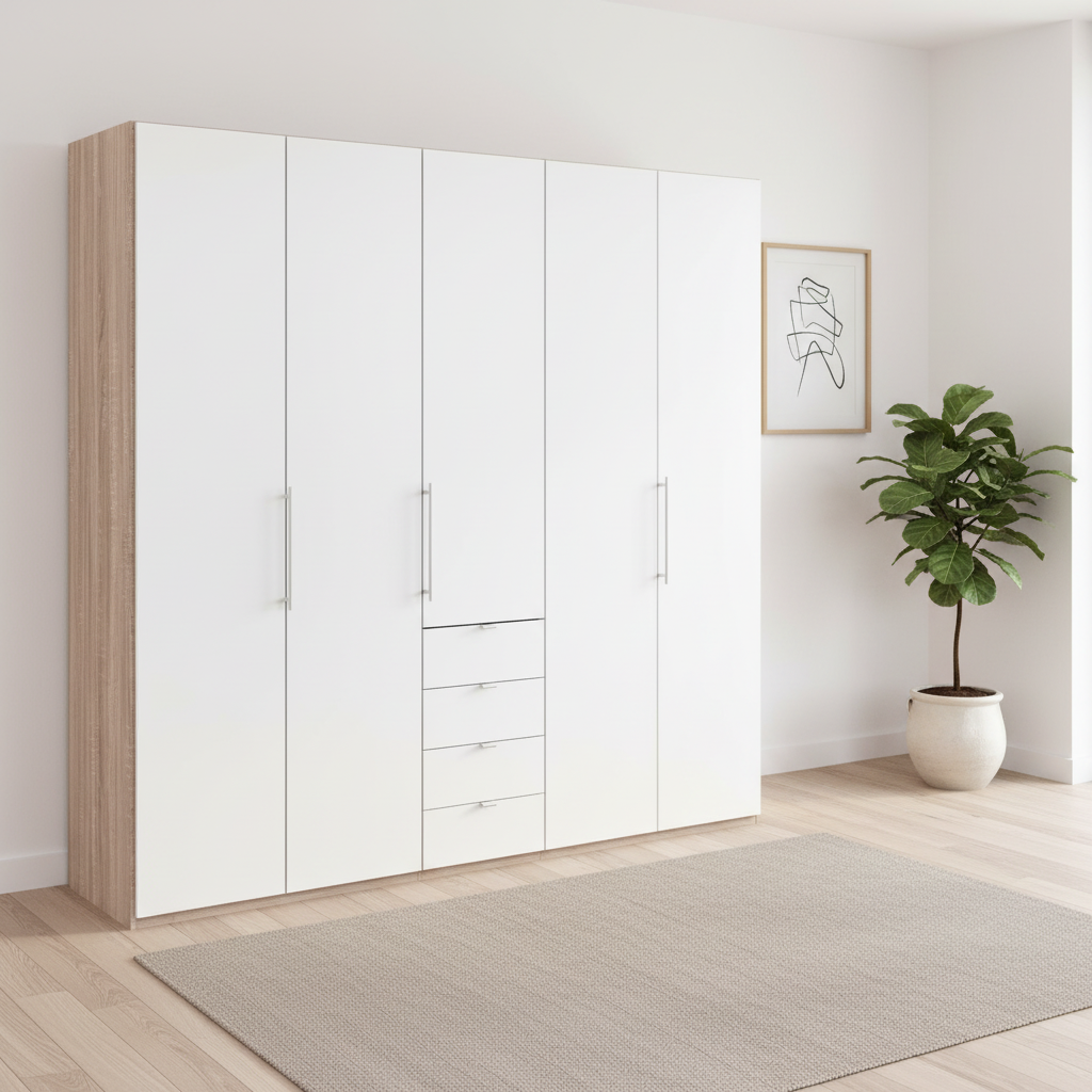Wiemann Loft 5 Doors & 4 Drawers With Bi-Fold Doors Wardrobe in White with Rustic Oak Carcase styled in a Bedroom