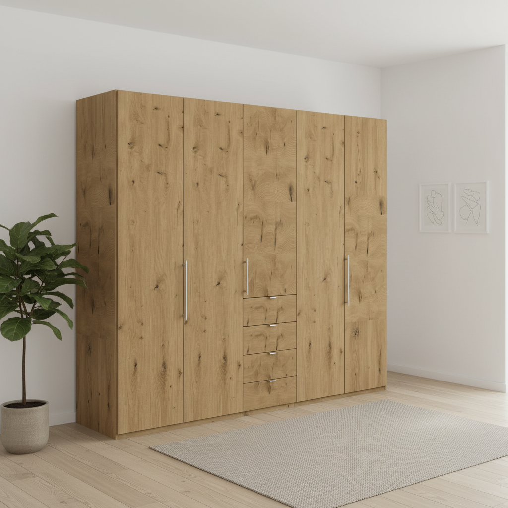 Wiemann Loft 5 Doors & 4 Drawers With Bi-Fold Doors Wardrobe in Bianco Oak styled in a modern room
