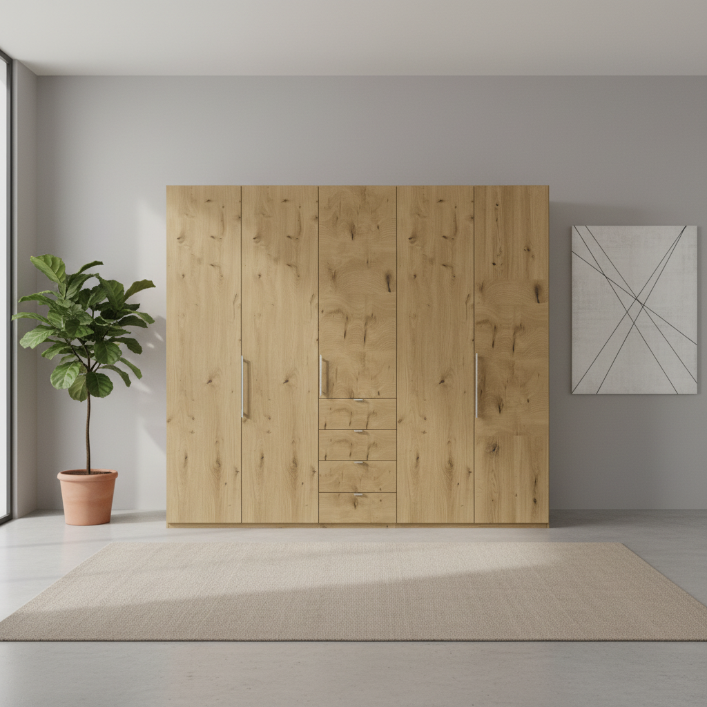 Wiemann Loft 5 Doors & 4 Drawers With Bi-Fold Doors Wardrobe in Bianco Oak Front view