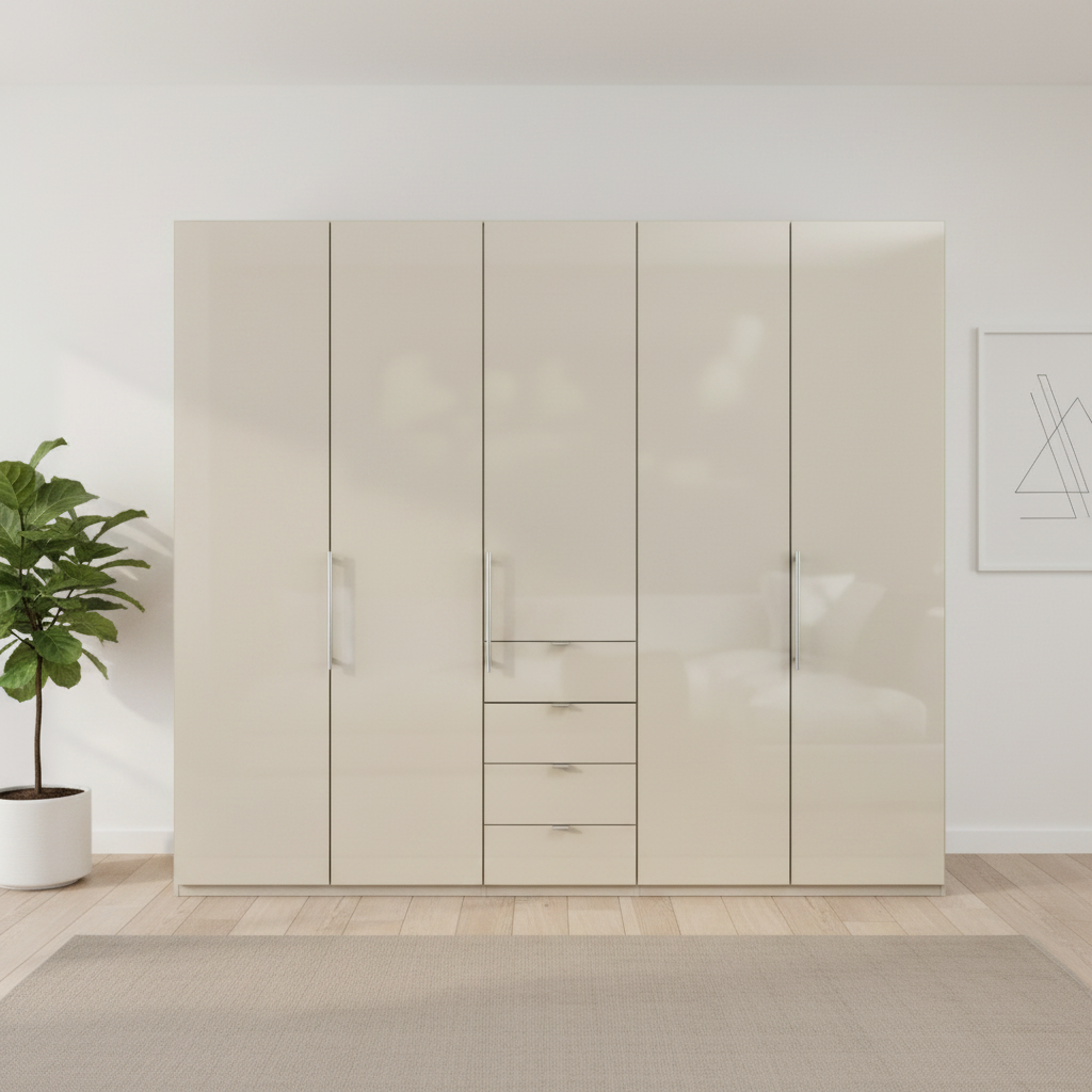 Wiemann Loft 5 Doors & 4 Drawers With Bi-Fold Doors Wardrobe in Glass Champagne front view