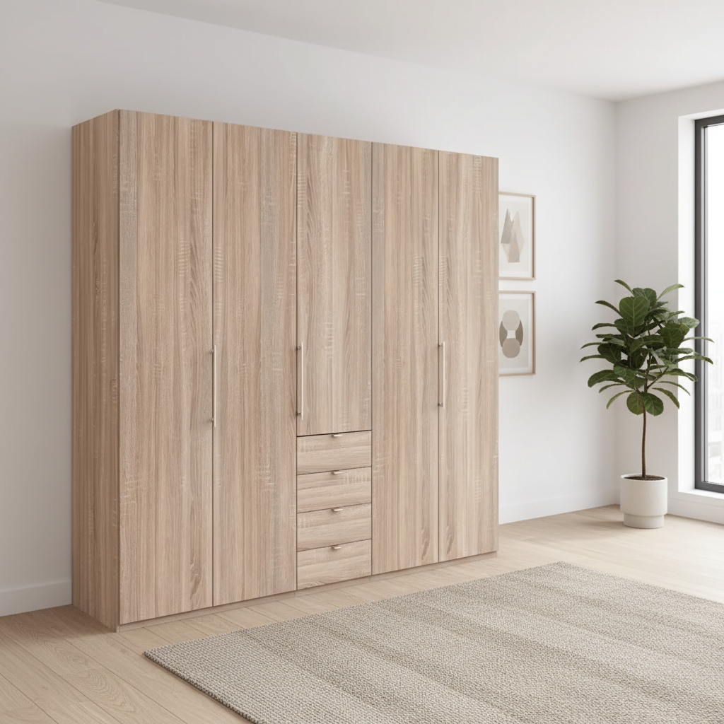Wiemann Loft 5 Doors & 4 Drawers With Bi-Fold Doors Wardrobe in Rustic Oak styled in a modern room
