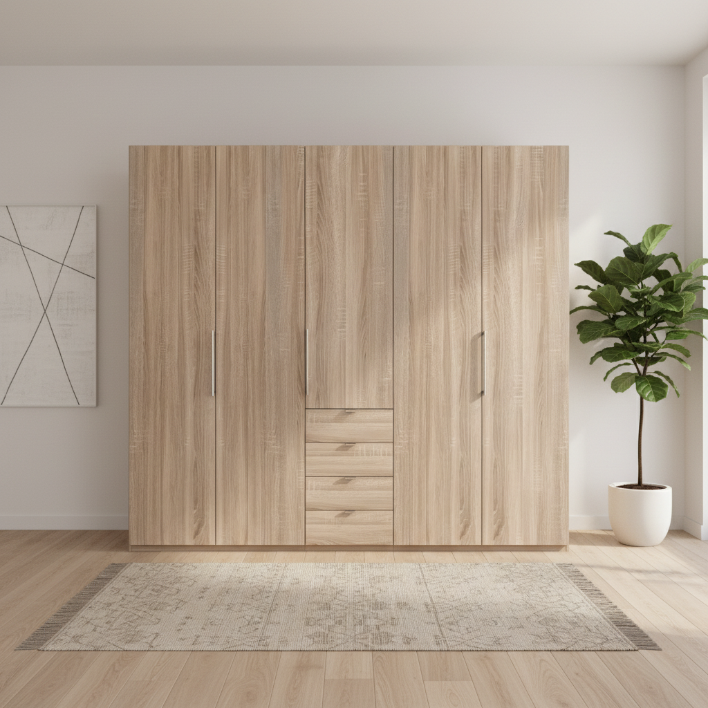 Wiemann Loft 5 Doors & 4 Drawers With Bi-Fold Doors Wardrobe in Rustic Oak Front view