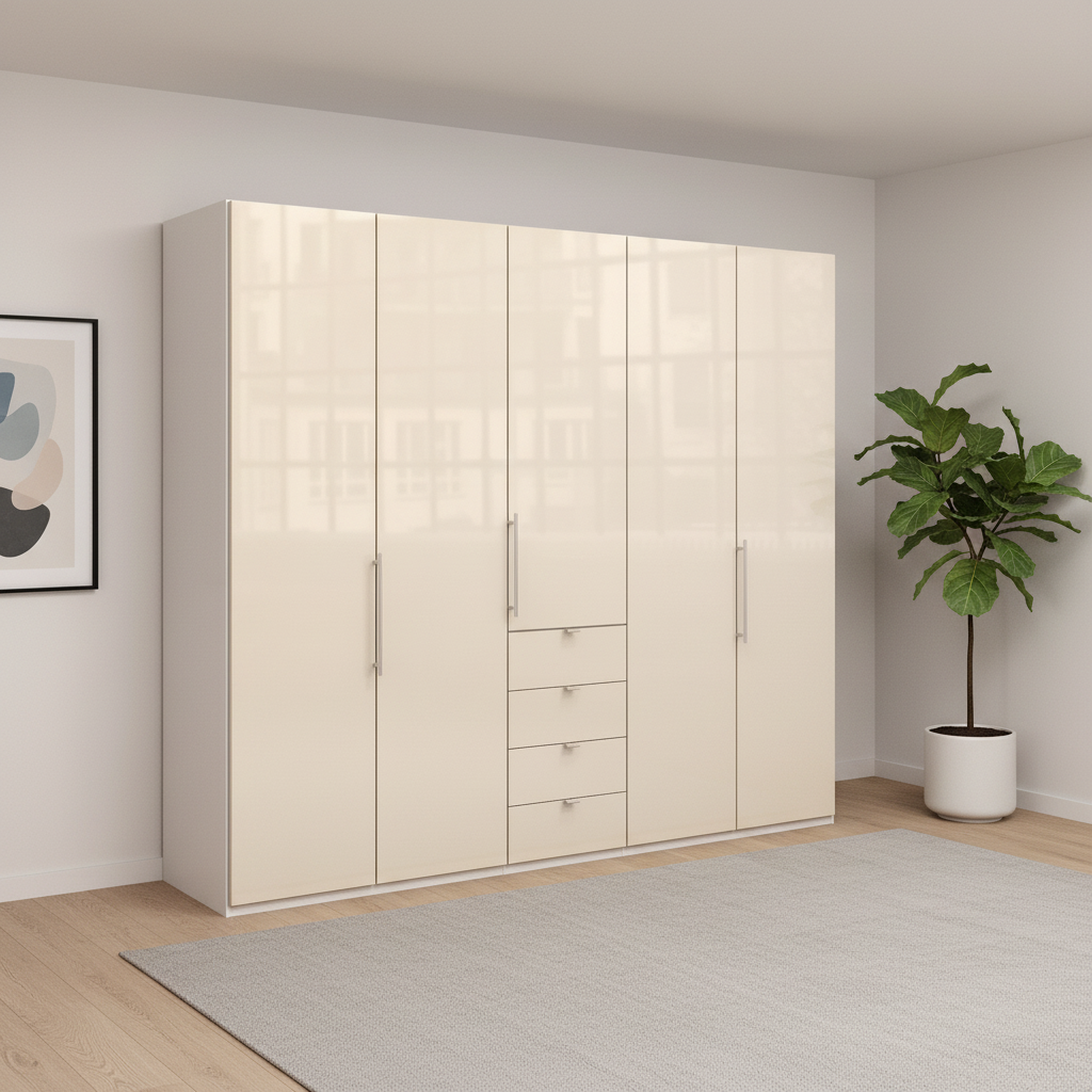 Wiemann Loft 5 Doors & 4 Drawers With Bi-Fold Doors Wardrobe in Glass Mangolia styled in a modern room