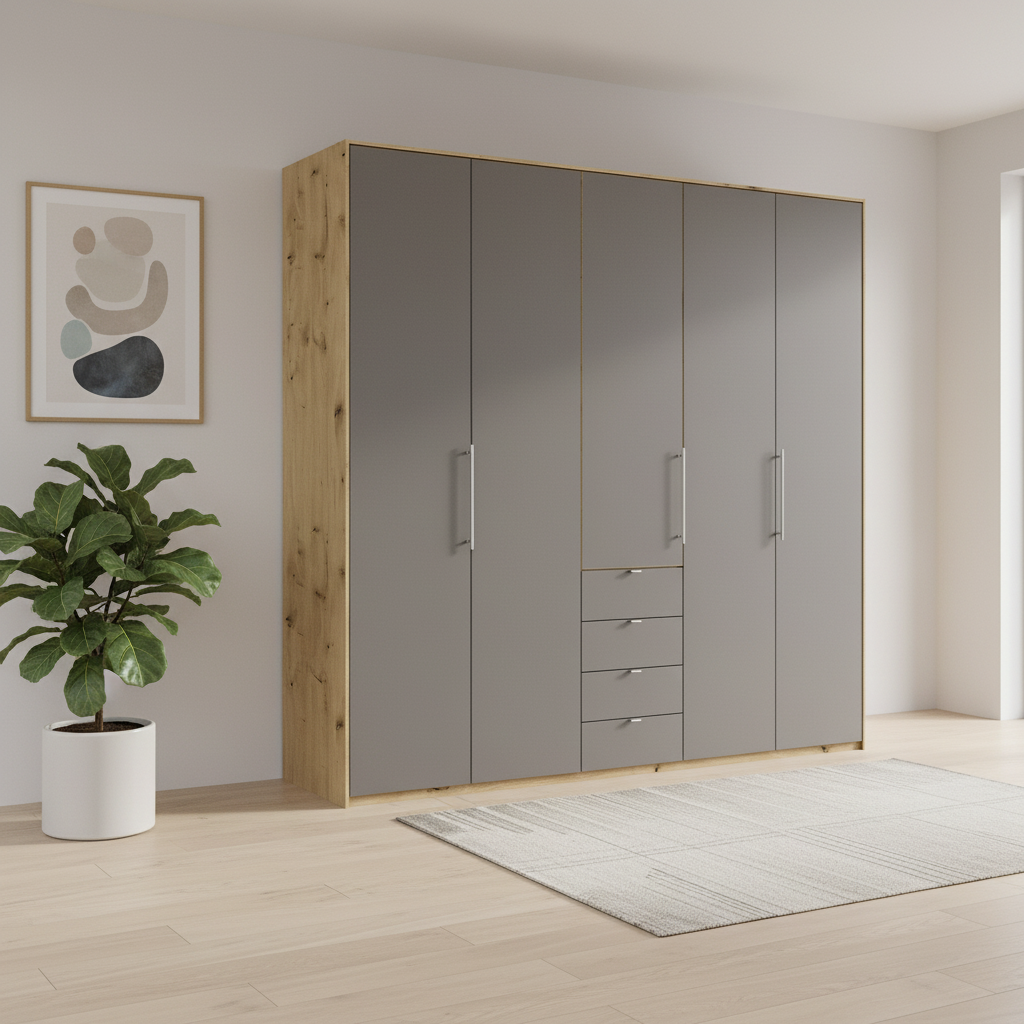 Wiemann Loft 5 Doors & 3 Drawers With Bi-Fold Doors Wardrobe in Havana with Bianco Oak Carcase
