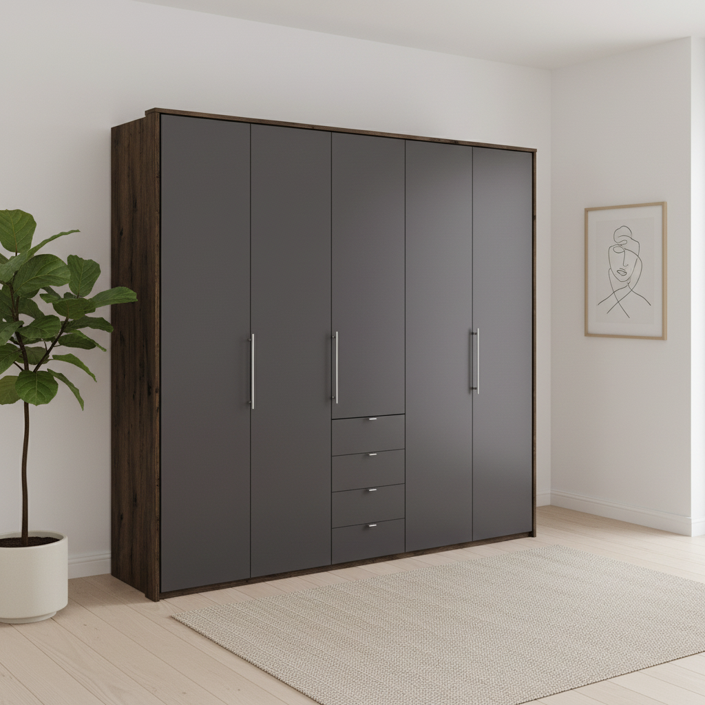 Wiemann Loft 5 Doors & 4 Drawers With Bi-Fold Doors Wardrobe in Havana with Dark Rustic Oak Carcase