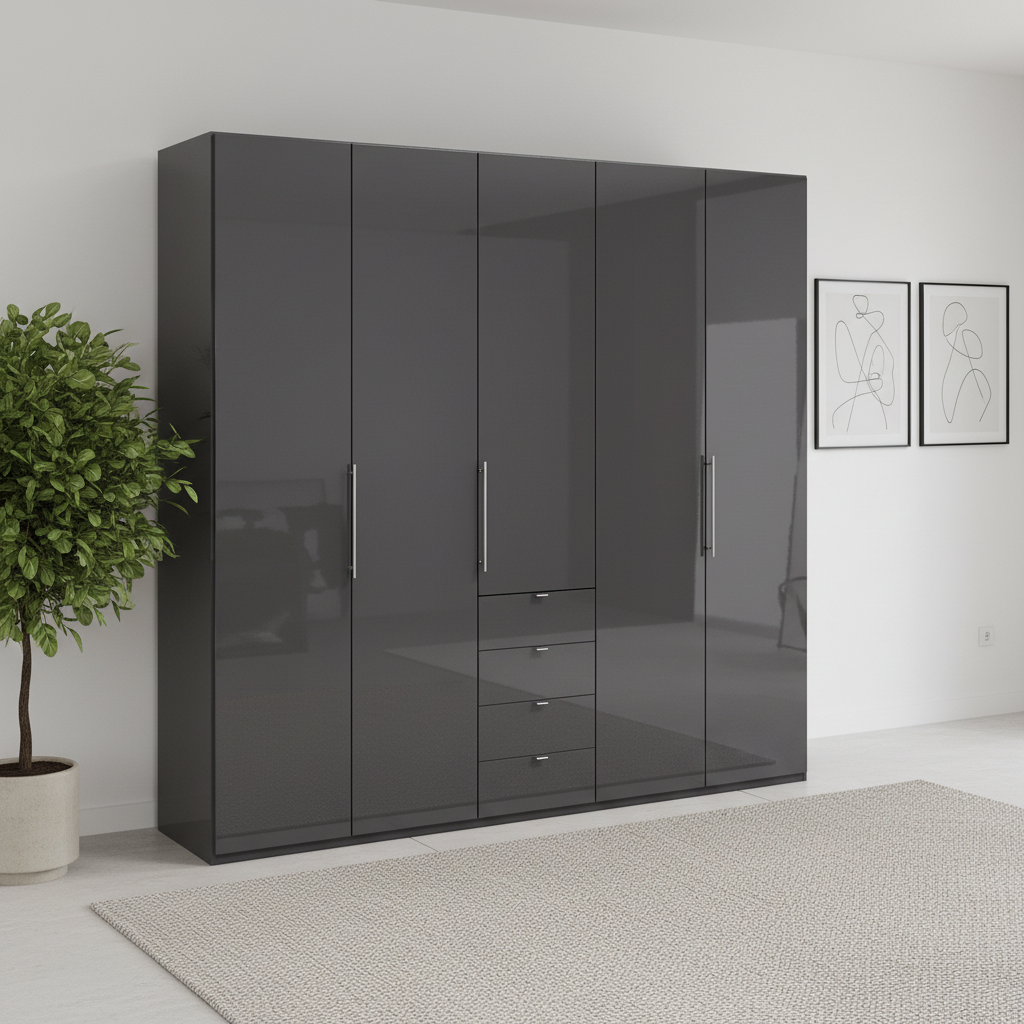 Wiemann Loft 5 Doors & 4 Drawers With Bi-Fold Doors Wardrobe in Havana Glass 