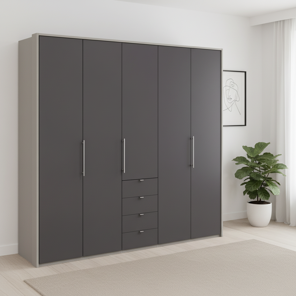 Wiemann Loft 5 Doors & 4 Drawers With Bi-Fold Doors Wardrobe in Havana with Pebble Grey Carcase