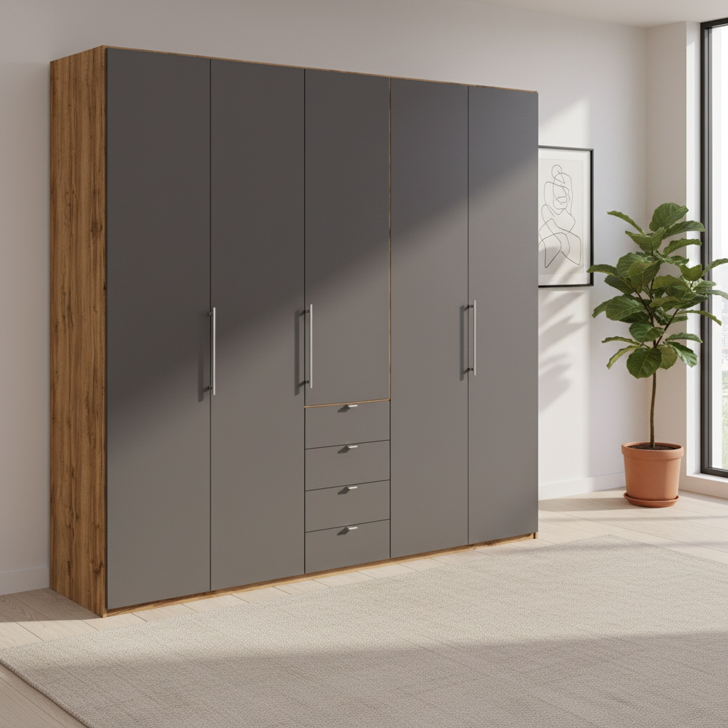 Wiemann Loft 5 Doors & 4 Drawers With Bi-Fold Doors Wardrobe in Havana with Rustic Oak Carcase